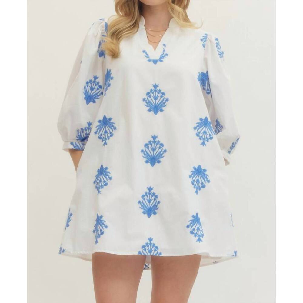 NEW ENTRO chambray floral dress in off white